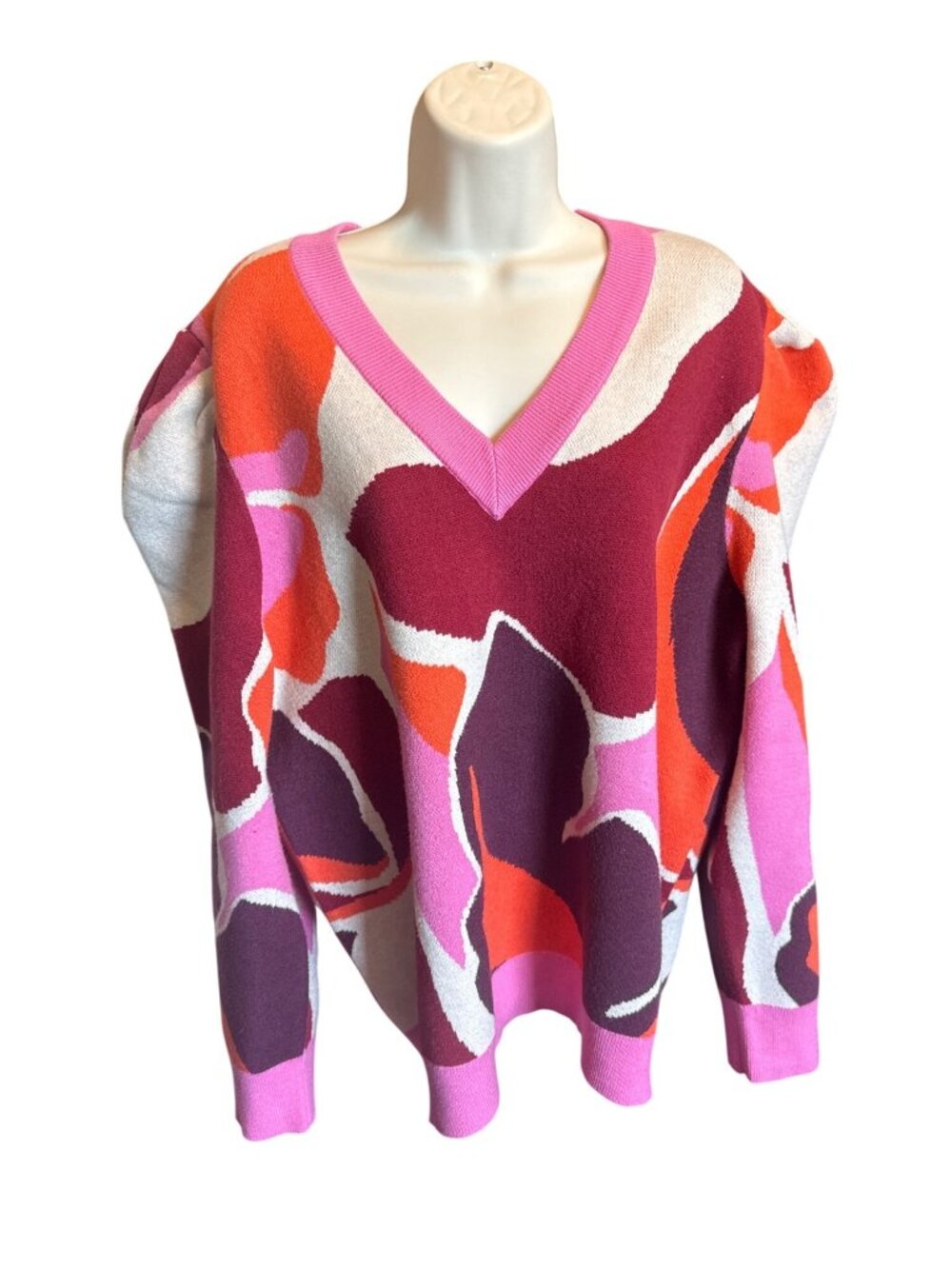 Crosby By Mollie Burch L Abstract Floral Puff Sleeve V Neck Knit Sweater Preppy - Picture 2 of 12